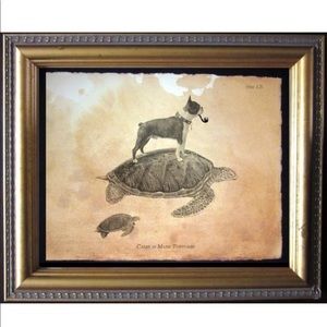 Boston Terrier Dog on Turtle Art Print tea stained